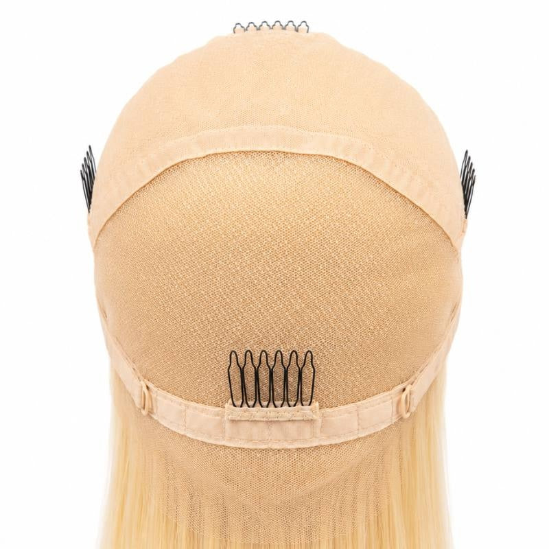 Back of the lace cap on a blonde 613 straight human hair wig turned inside out showing four combs and the adjustable band