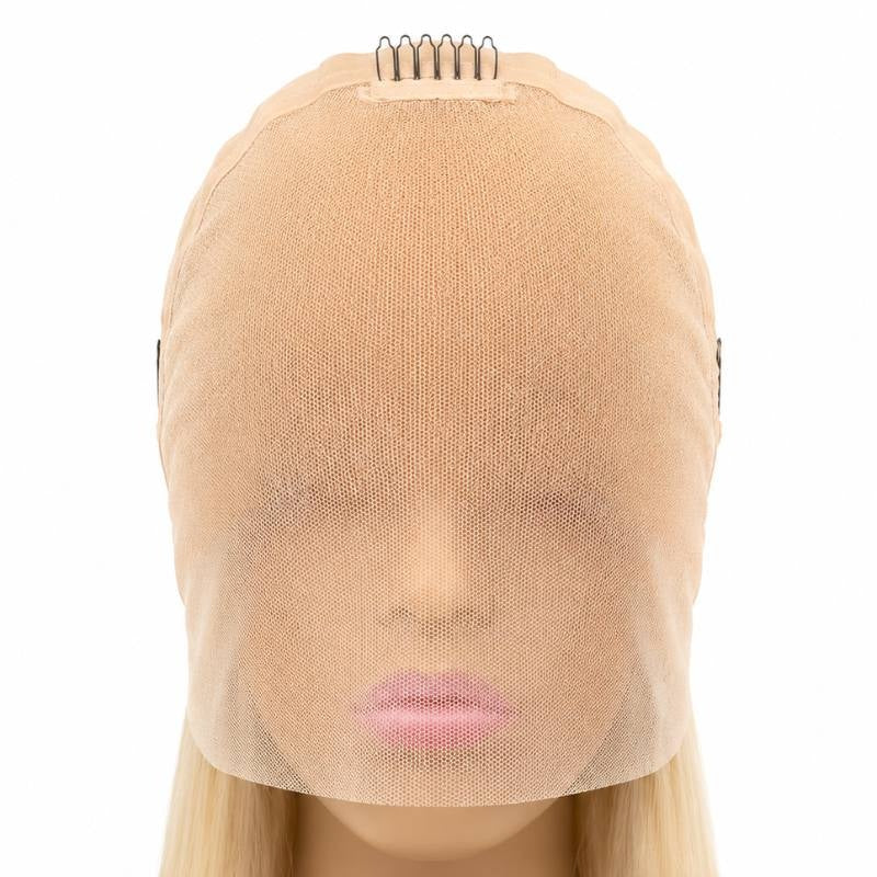 Cap of a blonde 613 straight human hair wig turned inside out over a mannequin face showing the all lace base and a crown comb