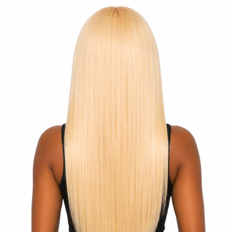 Back view of a model wearing a long blonde 613 straight human hair wig showing the full length and blunt ends on white