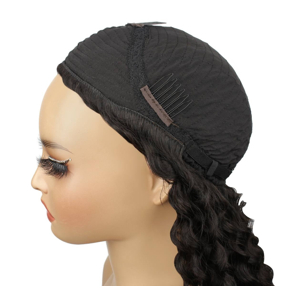 Black cap of a natural black water wave human hair wig turned back on a mannequin showing combs and an adjustable strap