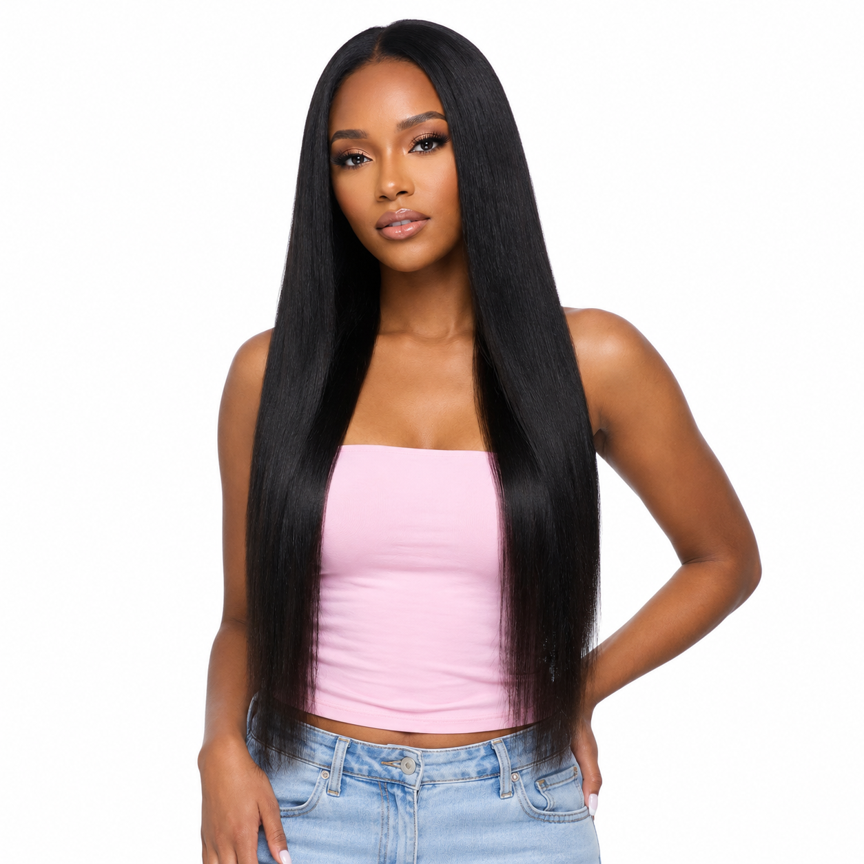 Yaki Straight Half Wig - front view styled on model