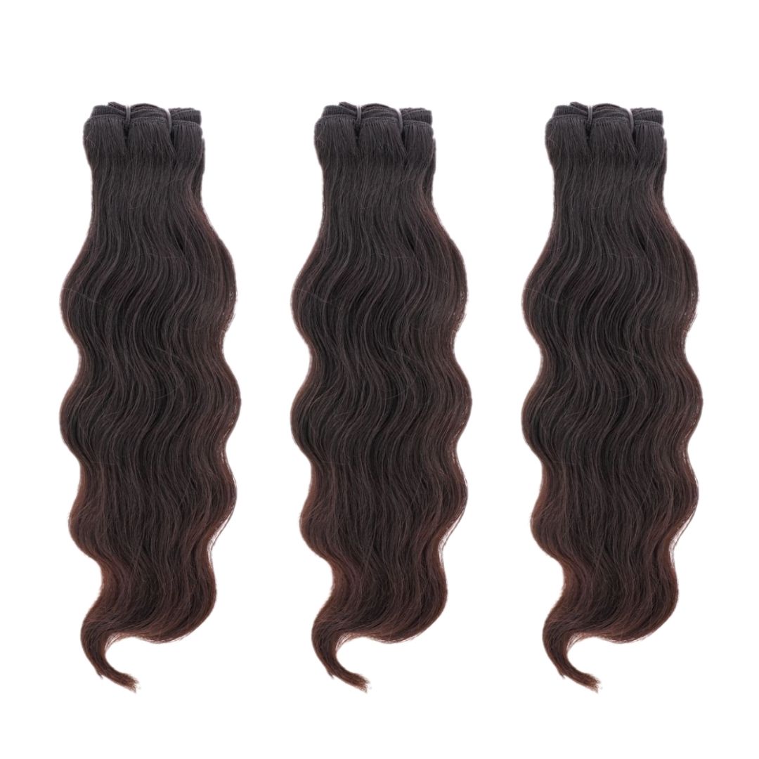 Three bundles of Indian curly hair extensions displayed side by side.