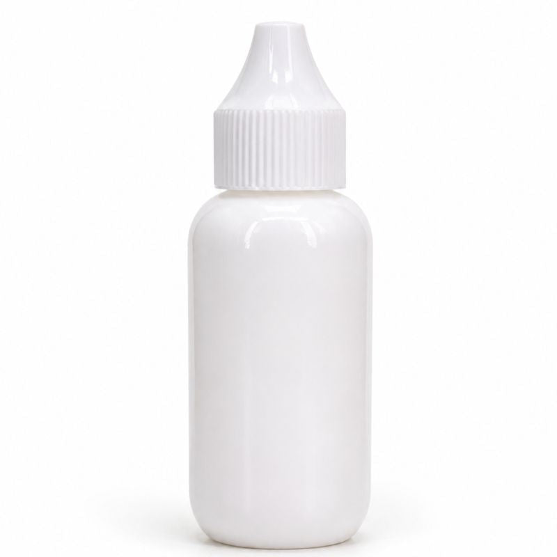 Unlabelled white plastic bottle with a ribbed cap and pointed applicator tip, the lace paste adhesive sold for hair extensions and wigs
