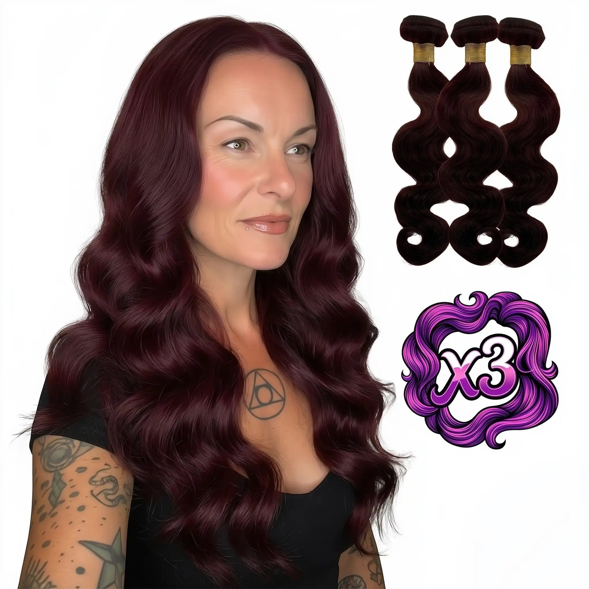 Sew In Hair Extensions - Body Wave 3 Bundle Deal - Burgundy (99J) - model wearing with three bundles