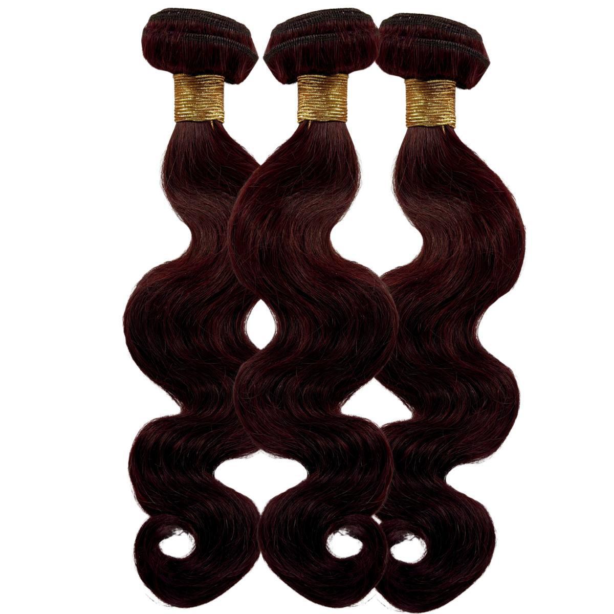 Sew In Hair Extensions - Body Wave 3 Bundle Deal - Burgundy (99J) - three bundles laid flat showing wave pattern