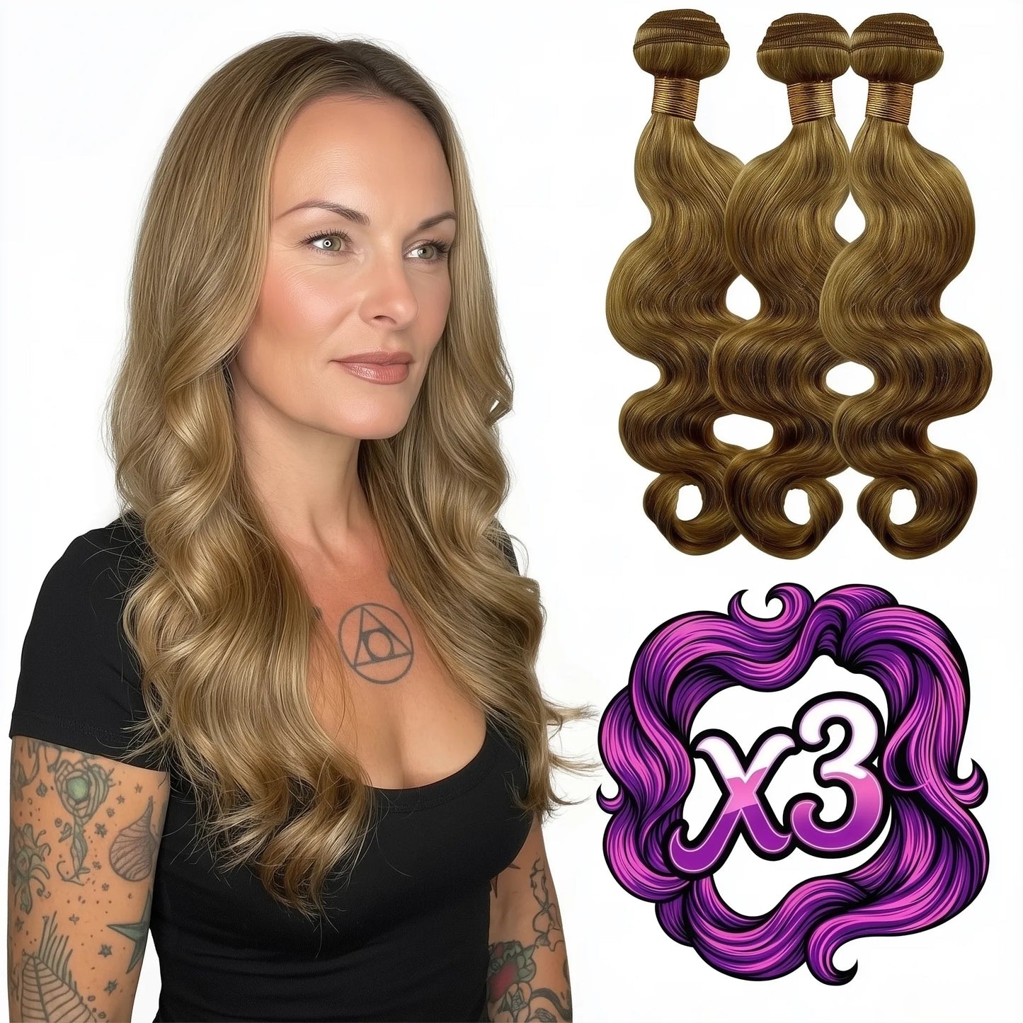 Sew In Hair Extensions - Body Wave 3 Bundle Deal - Honey Blonde (27) - model wearing with three bundles