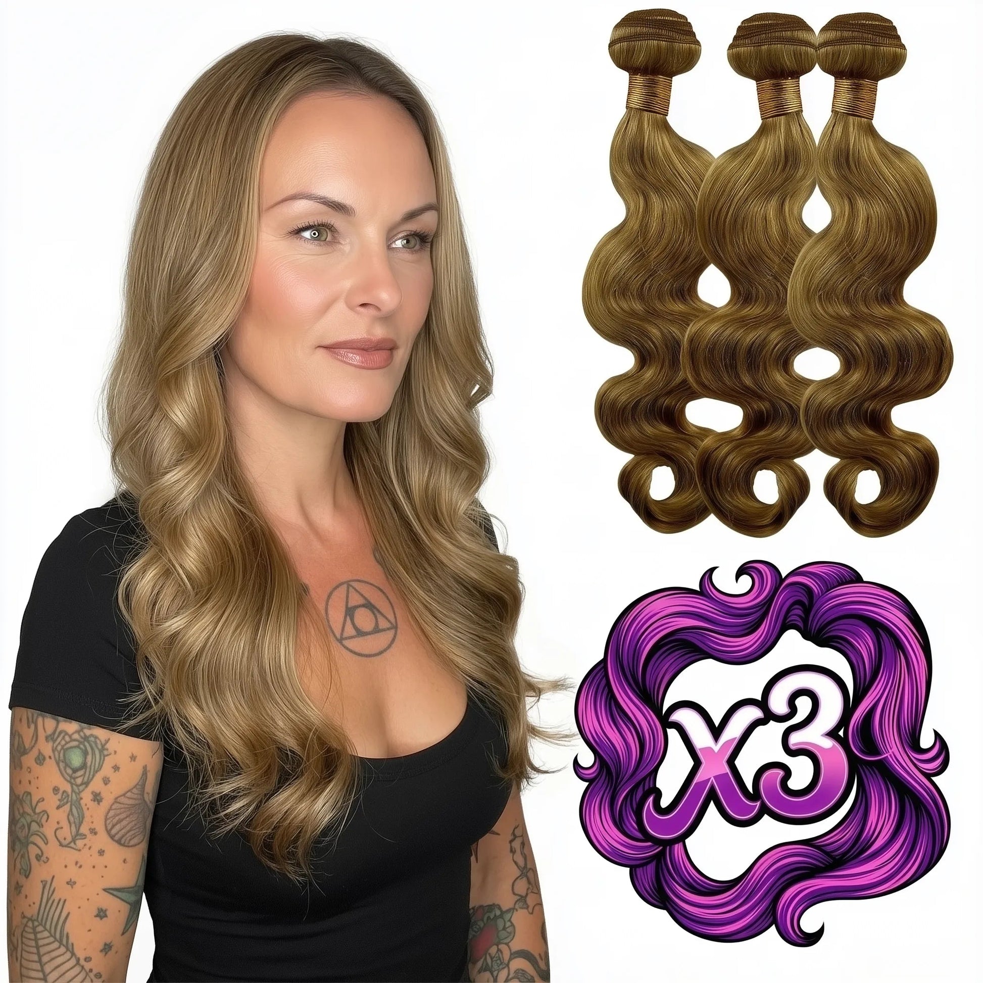 Sew In Hair Extensions - Body Wave 3 Bundle Deal - Honey Blonde (27) - model wearing with three bundles