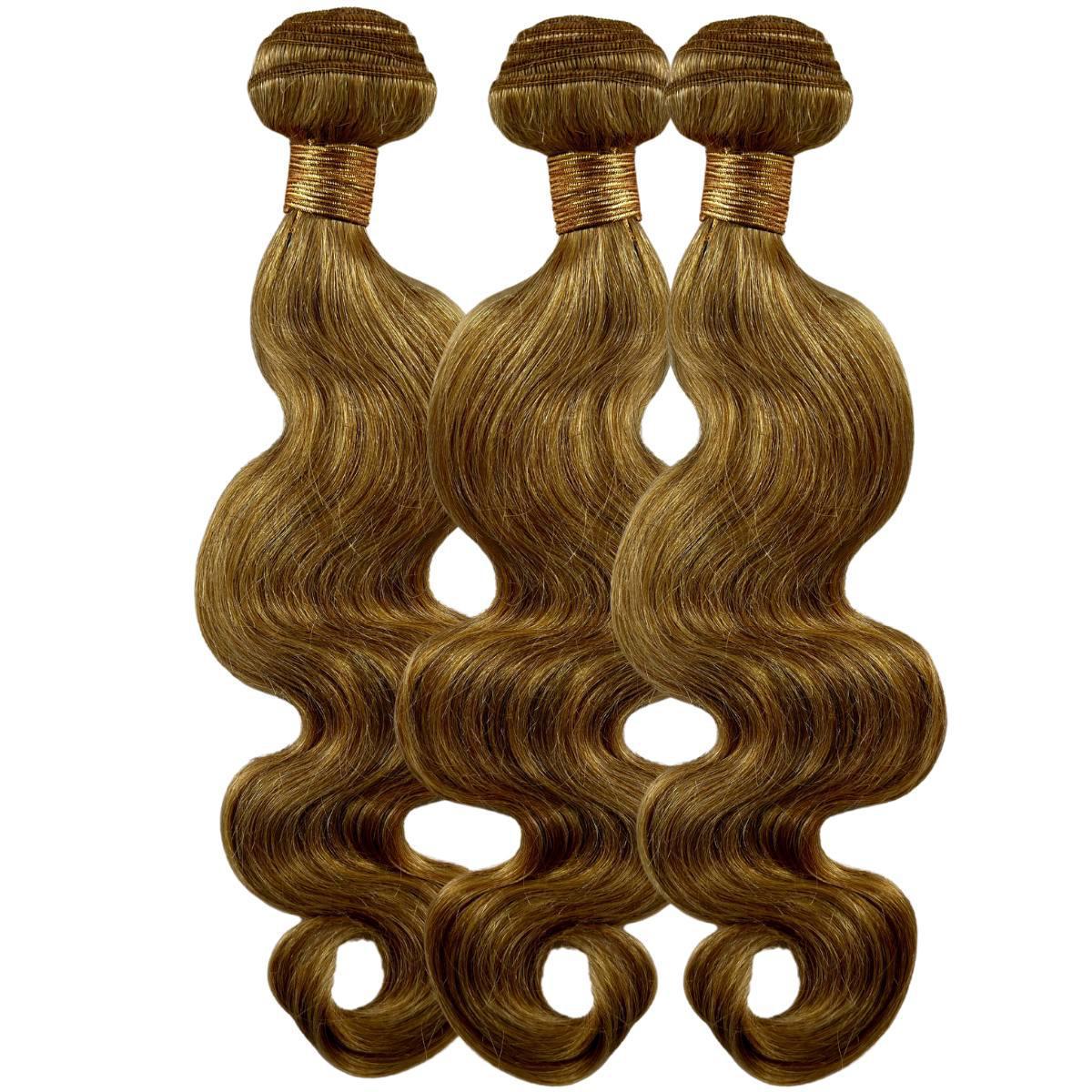 Sew In Hair Extensions - Body Wave 3 Bundle Deal - Honey Blonde (27) - three bundles laid flat showing wave pattern