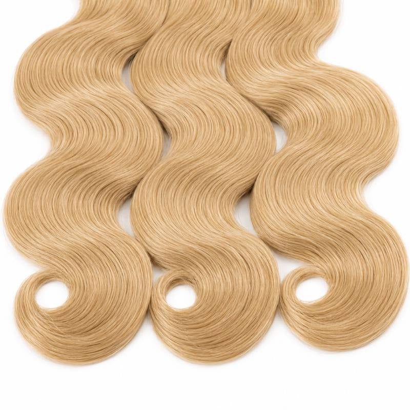 Crop of the curled ends on three bundles of honey blonde 27 body wave sew-in hair extensions hanging side by side on white