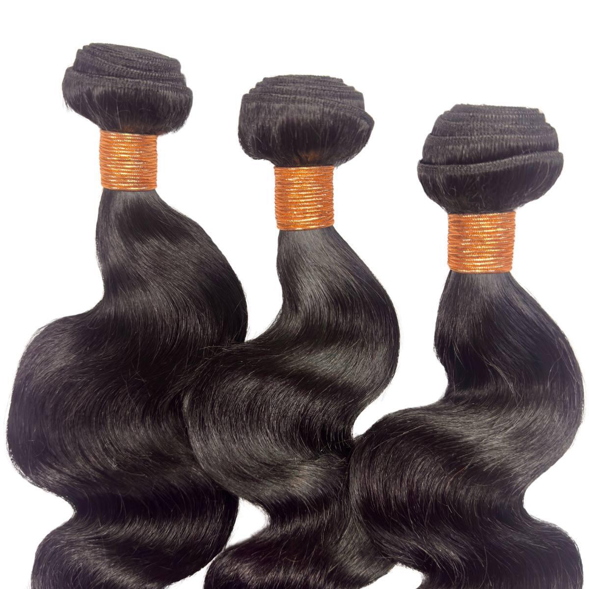 Sew In Hair Extensions - Body Wave 3 Bundle Deal - Jet Black (1) - three bundles showing wave pattern