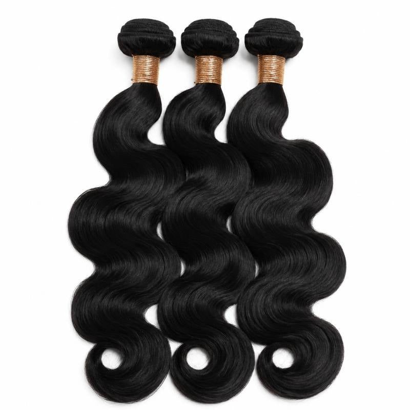 Three bundles of jet black 1 body wave sew-in hair extensions hanging side by side with gold bands at the wefts on white