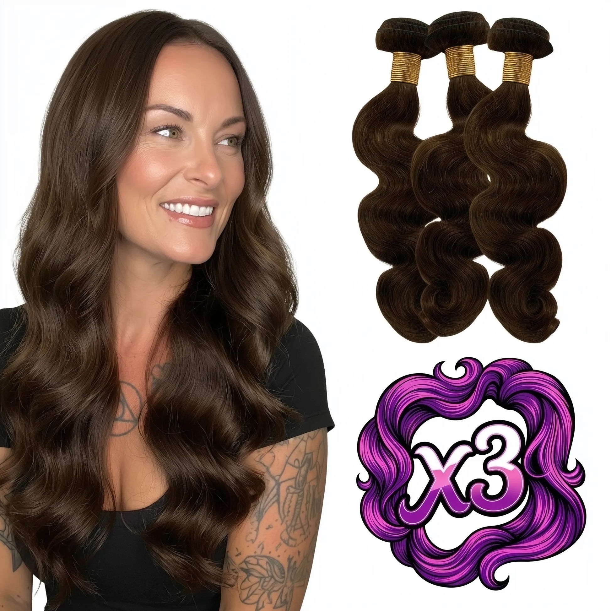Sew In Hair Extensions - Body Wave 3 Bundle Deal - Medium Brown (4) - model wearing with three bundles