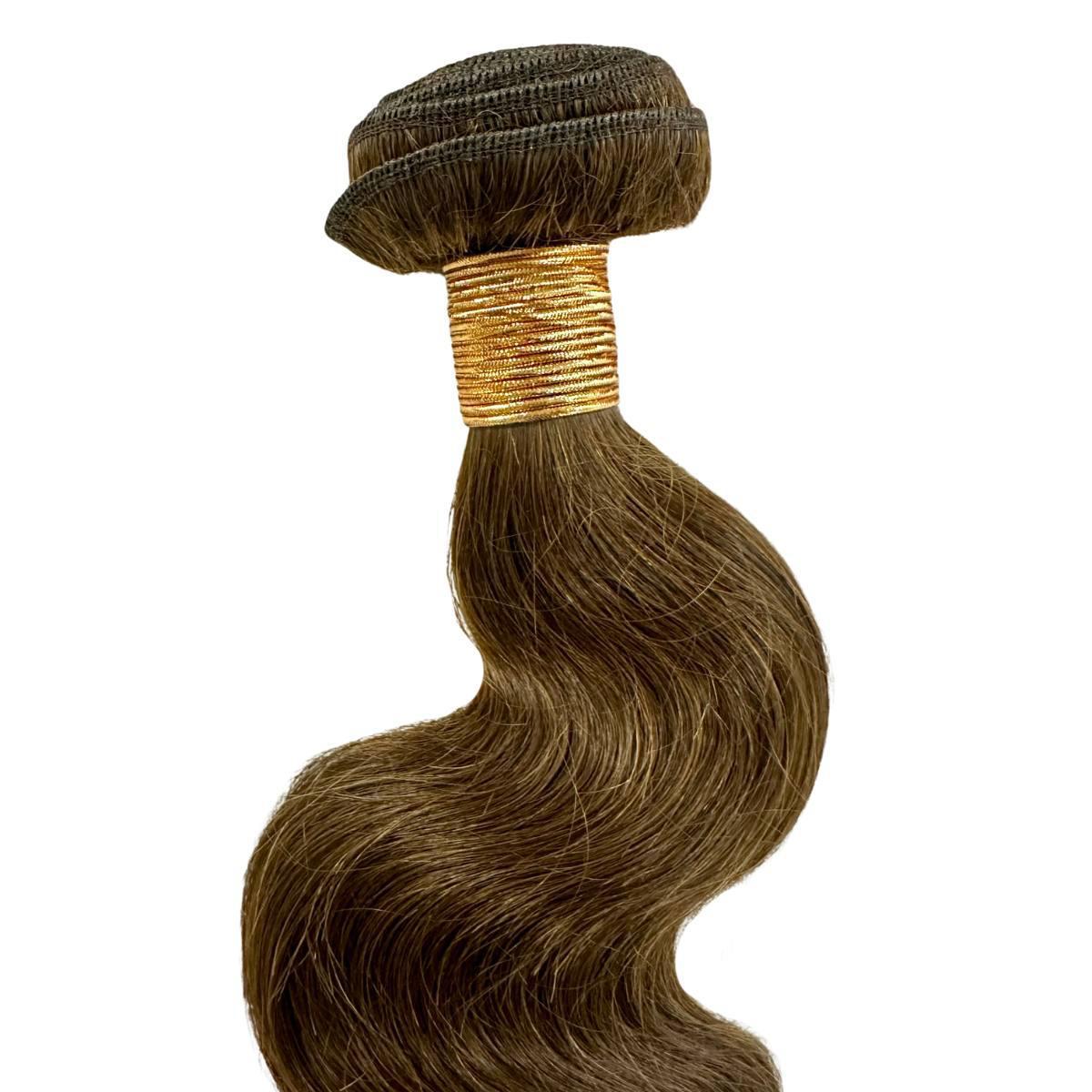 Sew In Hair Extensions - Body Wave 3 Bundle Deal - Medium Brown (4) - single bundle with rolled weft close-up