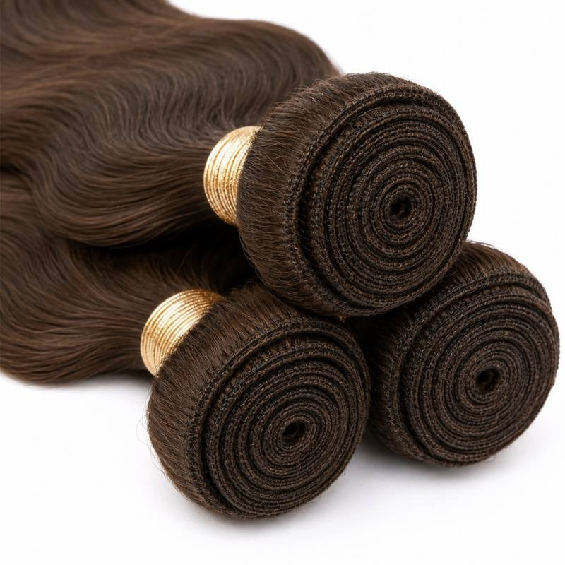 Close-up of the coiled wefts and gold bands on three bundles of medium brown 4 body wave sew-in hair extensions on white