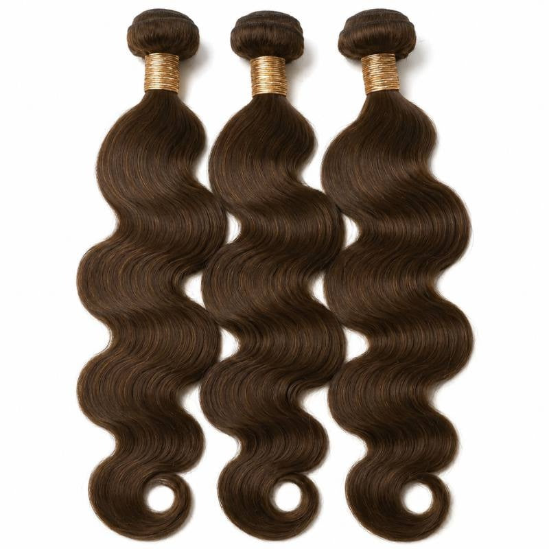 Three bundles of medium brown 4 body wave sew-in hair extensions standing side by side with gold bands at the wefts on white