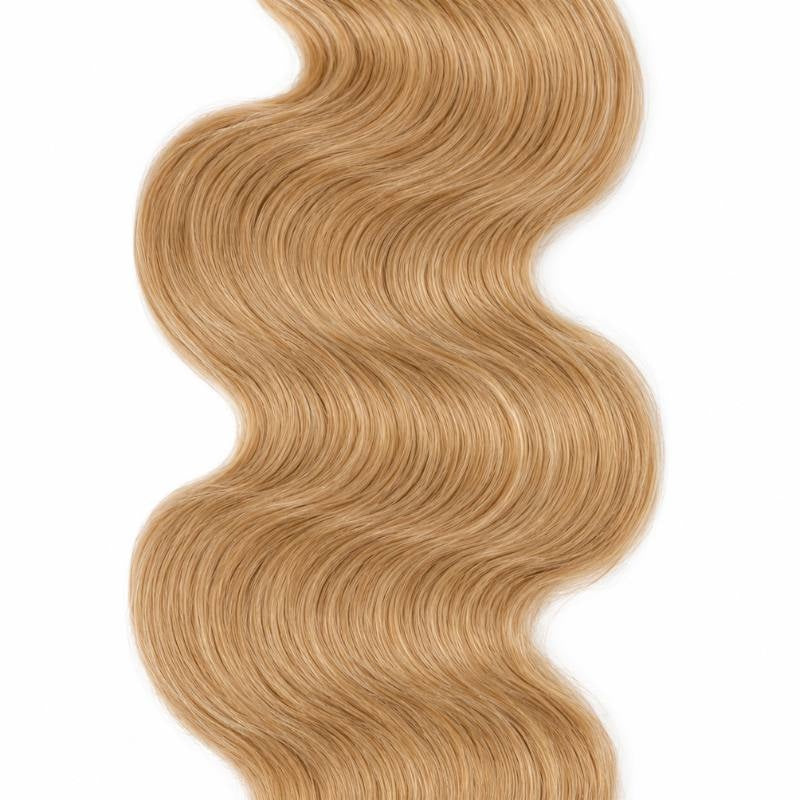 Single bundle of honey blonde 27 body wave sew-in hair extensions hanging against white showing the full S shaped wave pattern
