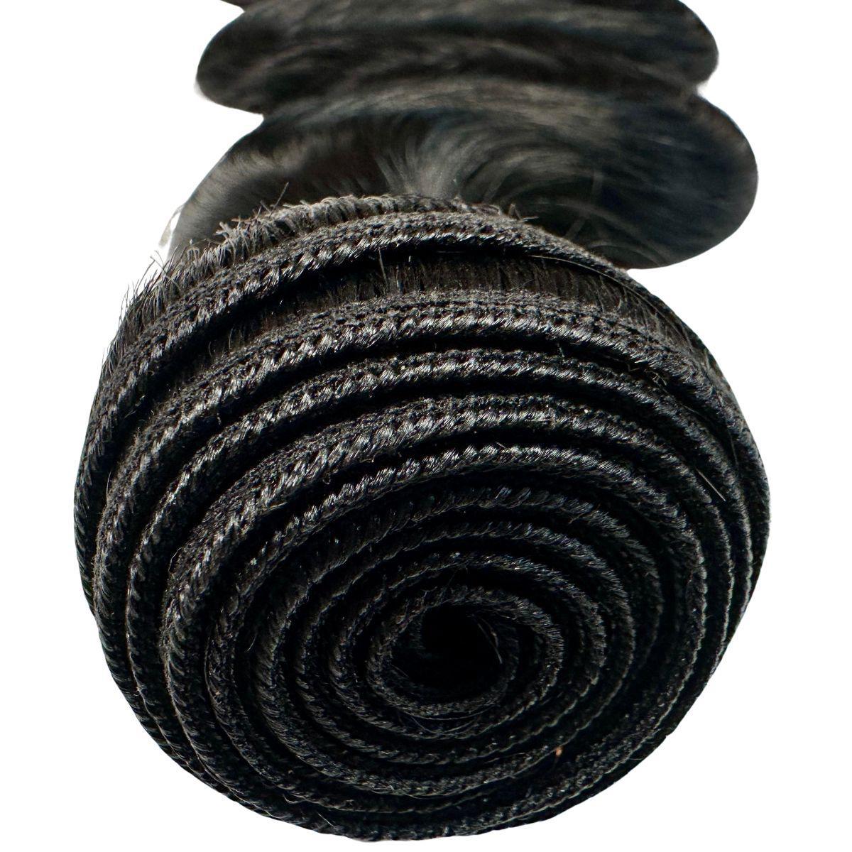 Sew In Hair Extensions - Body Wave - Jet Black (1) - rolled weft detail close-up