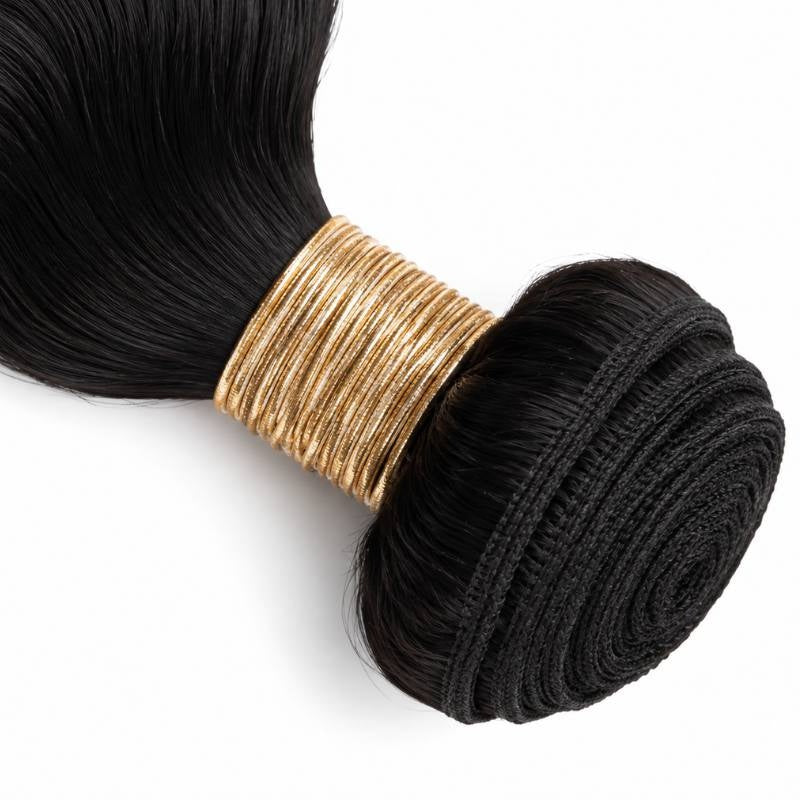 Macro view of the gold thread band and coiled stitched weft on a single bundle of jet black 1 body wave sew-in hair extensions