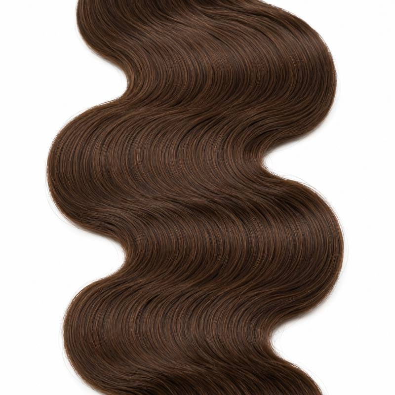 Single bundle of medium brown 4 body wave sew-in hair extensions hanging against white showing the full S shaped wave pattern