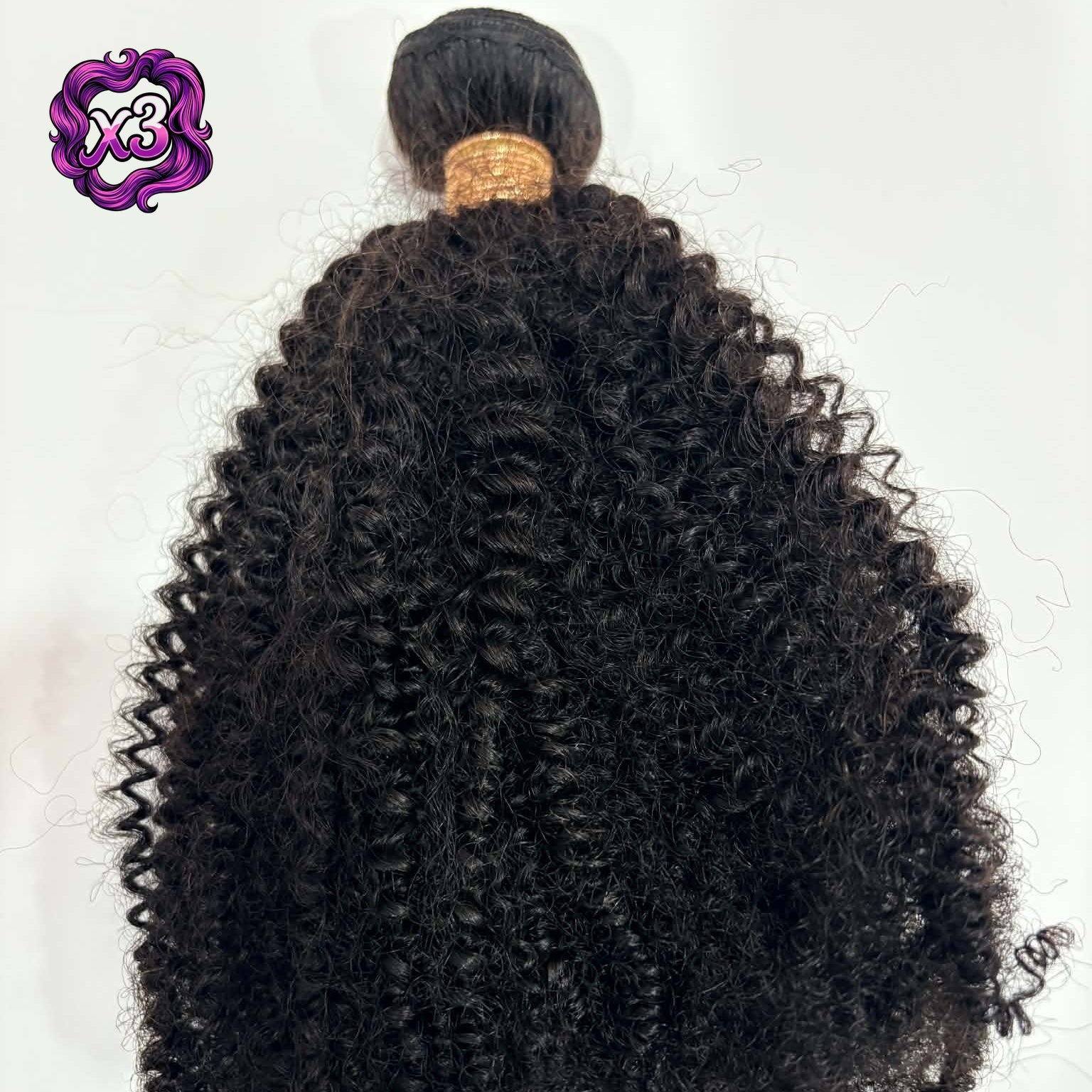 3 bundle deal — 16 inch Brazilian afro kinky curly sew-in hair extensions bundle on white background showing full length from rubber-banded weft to coil tips