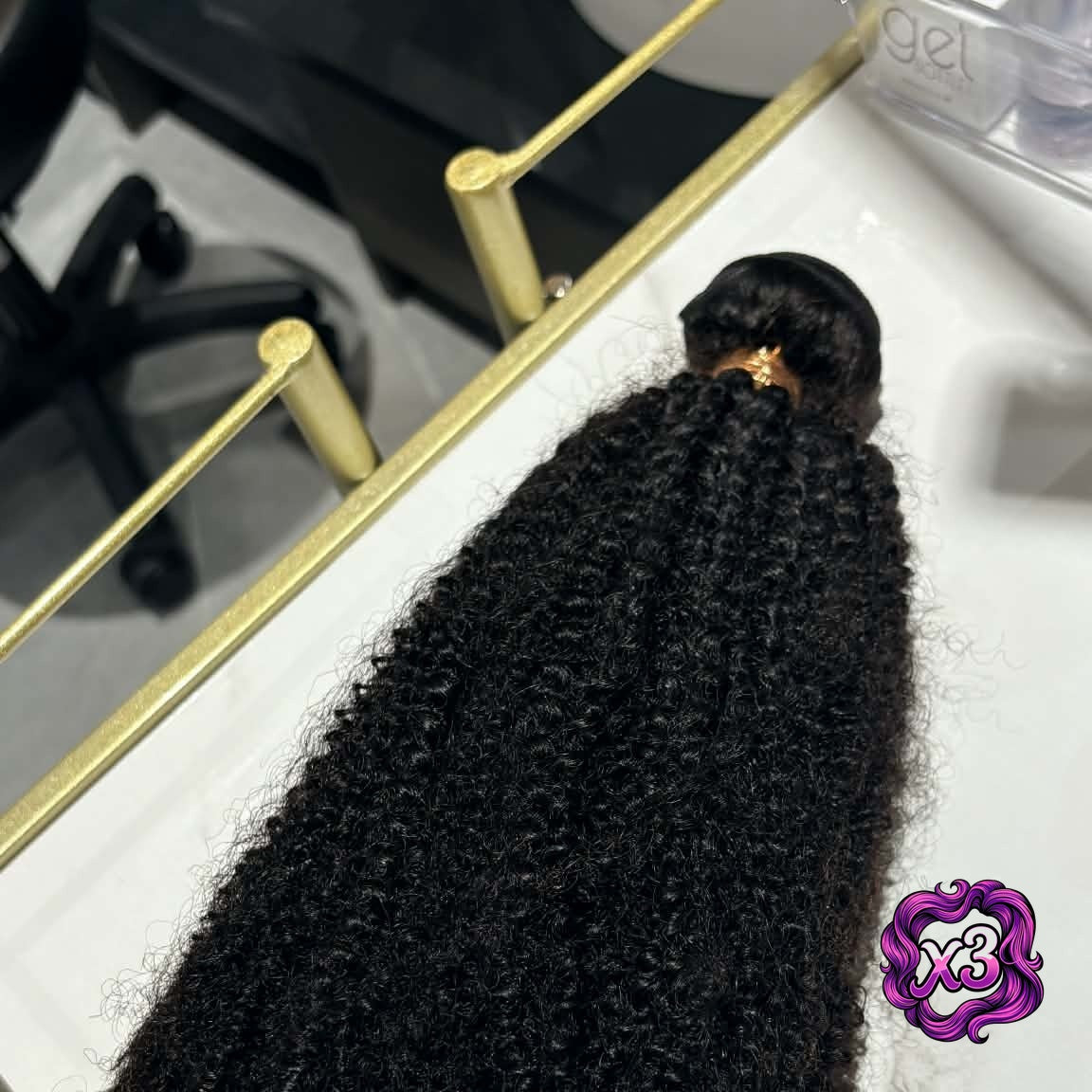 3 bundle deal — 16 inch Brazilian afro kinky curly sew-in hair extensions bundle on gold tray showing weft construction and tight coil definition