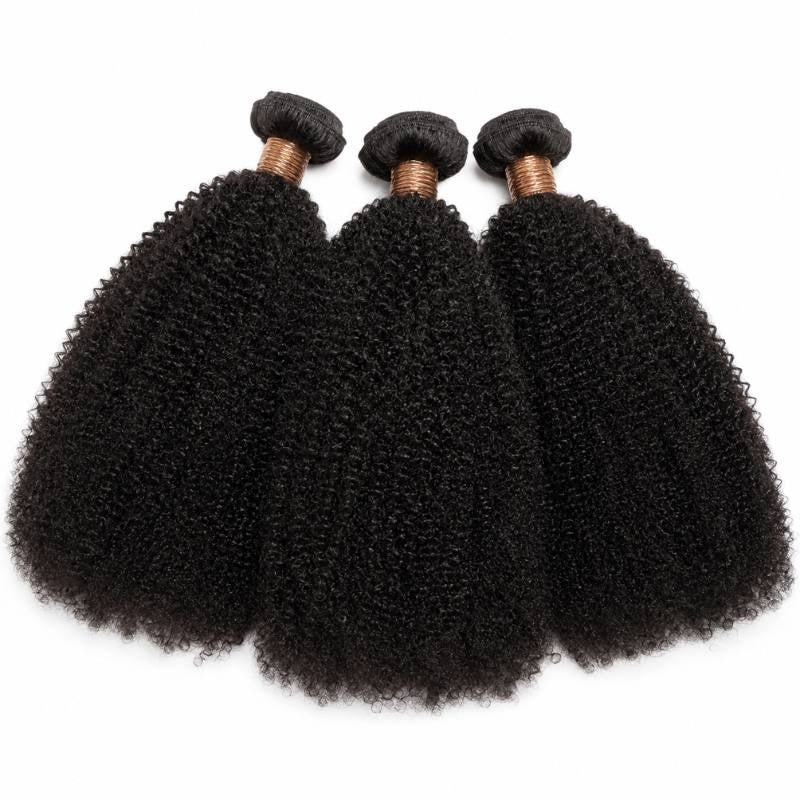 Three bundles of natural black 1B afro kinky curly sew-in hair extensions fanned out on white showing the tight coil pattern