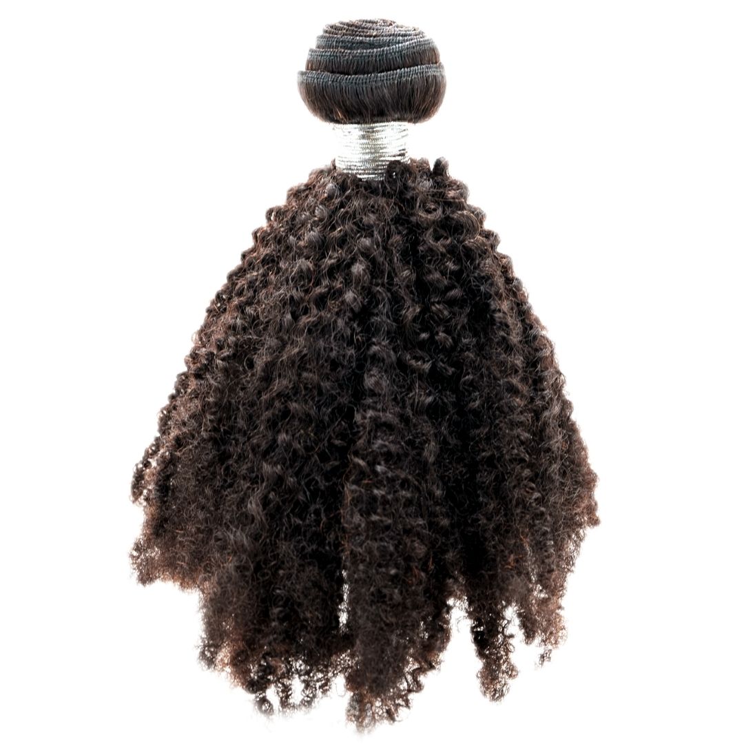 Sew In Hair Extensions - Brazilian Afro Kinky Curly - Natural Black (1B) - single bundle hanging showing curl pattern