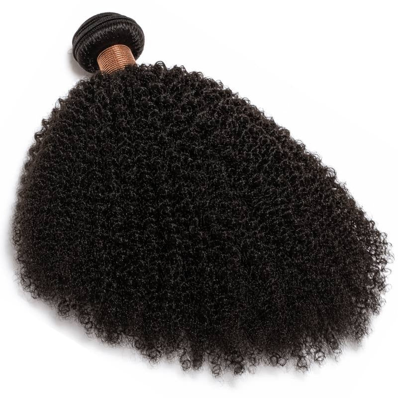 Single bundle of natural black 1B afro kinky curly sew-in hair extensions laid flat and spread wide on white with a copper band at the weft