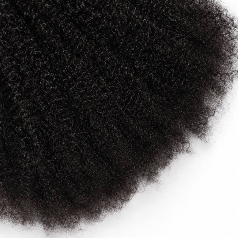 Extreme close-up of the tight coil pattern on natural black afro kinky curly sew-in hair extensions against a white background
