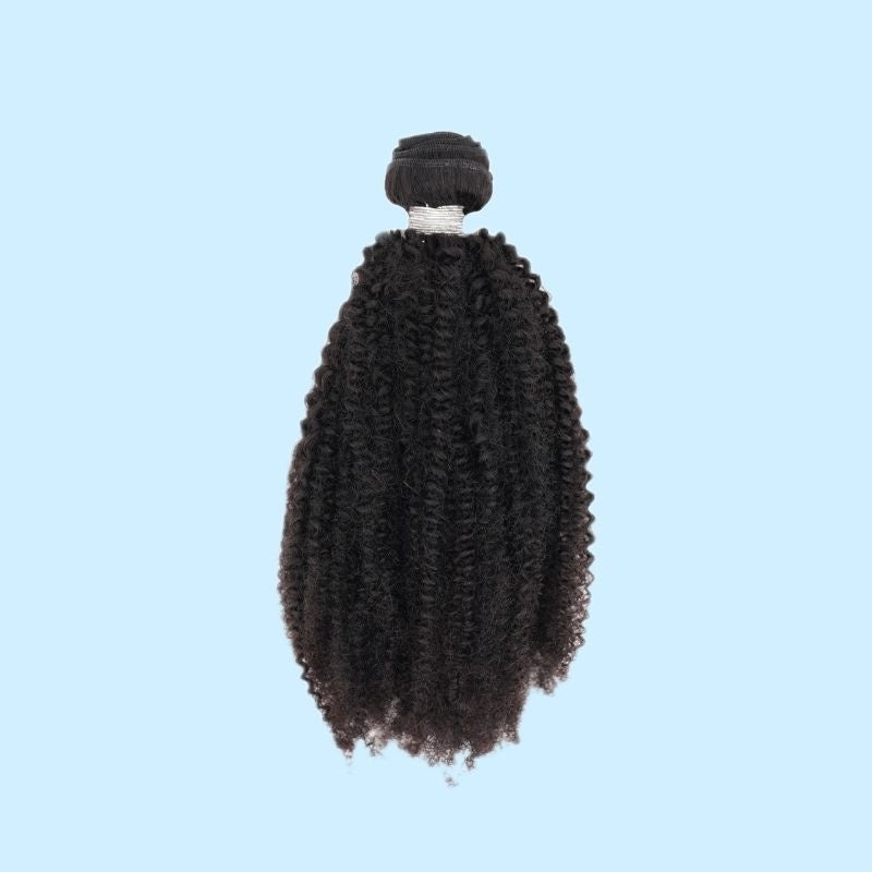 Single bundle of natural black 1B afro kinky curly sew-in hair extensions on a pale blue background with a white band at the weft