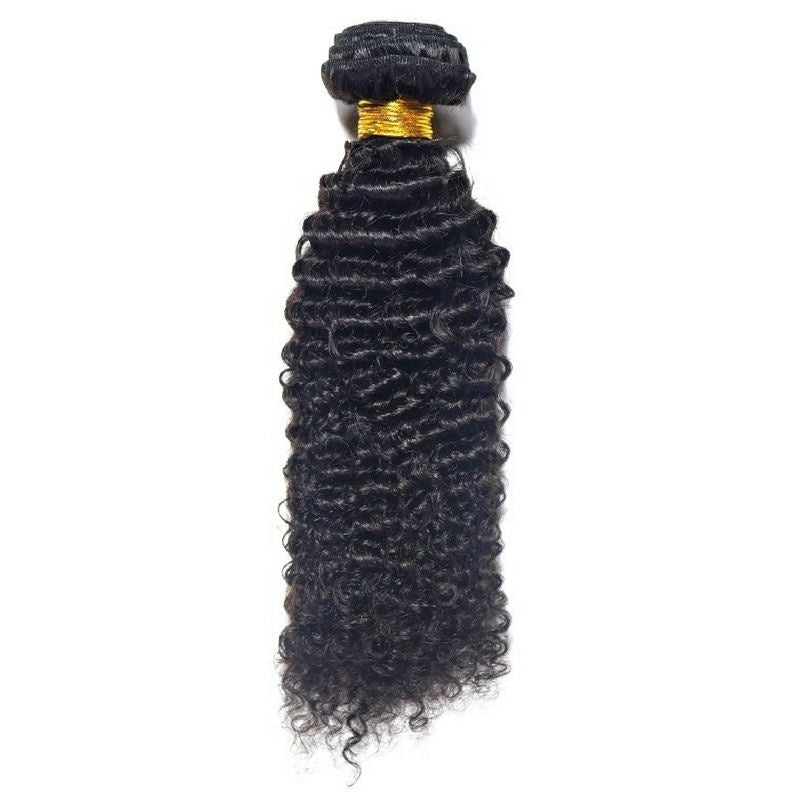 Single bundle of natural black 1B afro kinky curly sew-in hair extensions hanging on white with a gold band at the weft