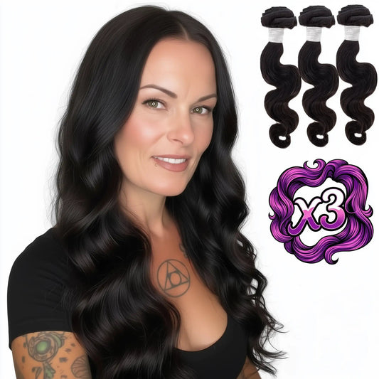 Sew In Hair Extensions - Brazilian Body Wave 3 Bundle Deal - Natural Black (1B) - model wearing with three bundles