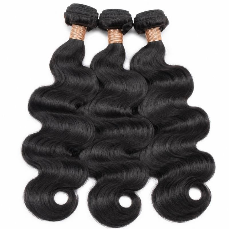 Three overlapping bundles of natural black body wave sew-in hair extensions on white with tan thread wrapped below each folded weft