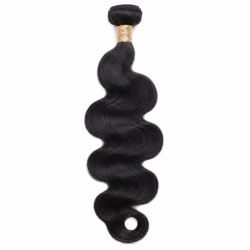 Single bundle of natural black body wave sew-in hair extensions on white with tan thread wrapped below the weft and a curled tip