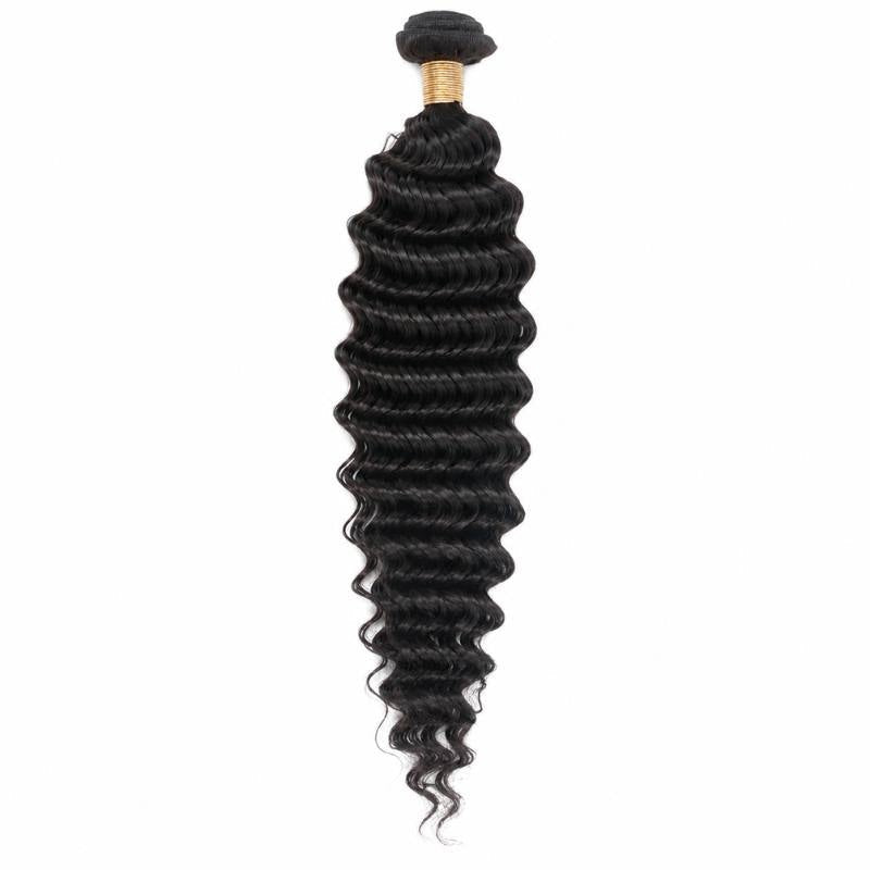 Single long bundle of natural black deep wave sew-in hair extensions on white with tan thread wrapped below the weft