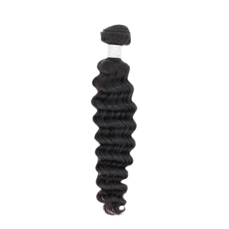 Single bundle of natural black deep wave sew-in hair extensions on white with white thread wrapped below the folded weft