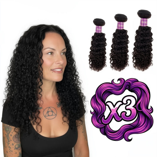 Sew In Hair Extensions - Brazilian Kinky Curly 3 Bundle Deal - Natural Black (1B) - model wearing with three bundles