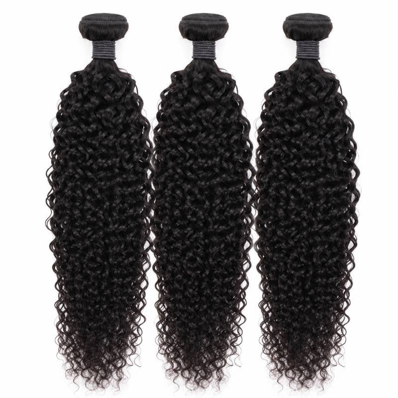 Three bundles of natural black kinky curly sew-in hair extensions hanging side by side on a white background with thread wrapped weft tops