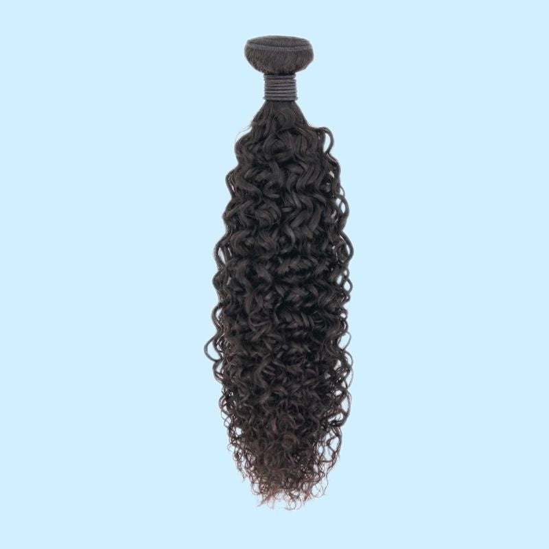 Single bundle of natural black kinky curly sew-in hair extensions against a pale blue backdrop with the wrapped weft at the top