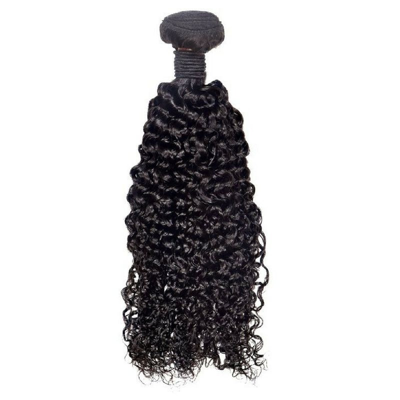Single bundle of natural black kinky curly sew-in hair extensions hanging on a white background with the weft rolled and thread wrapped