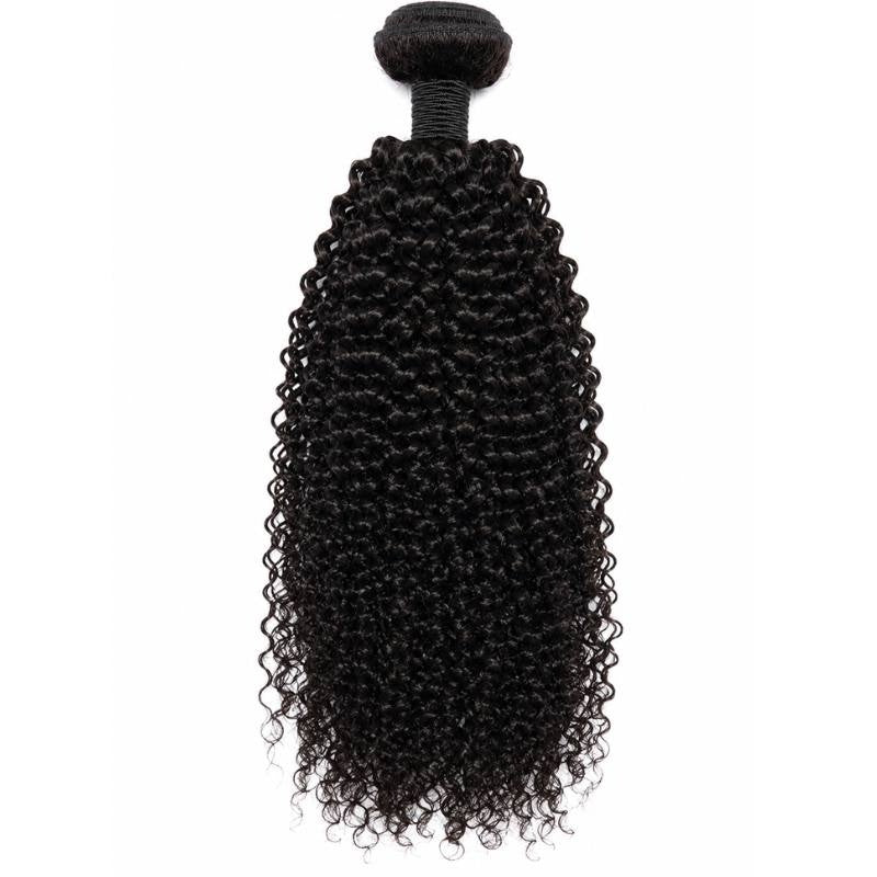 Single bundle of natural black kinky curly sew-in hair extensions with tight coils on a white background and a wrapped weft at the top