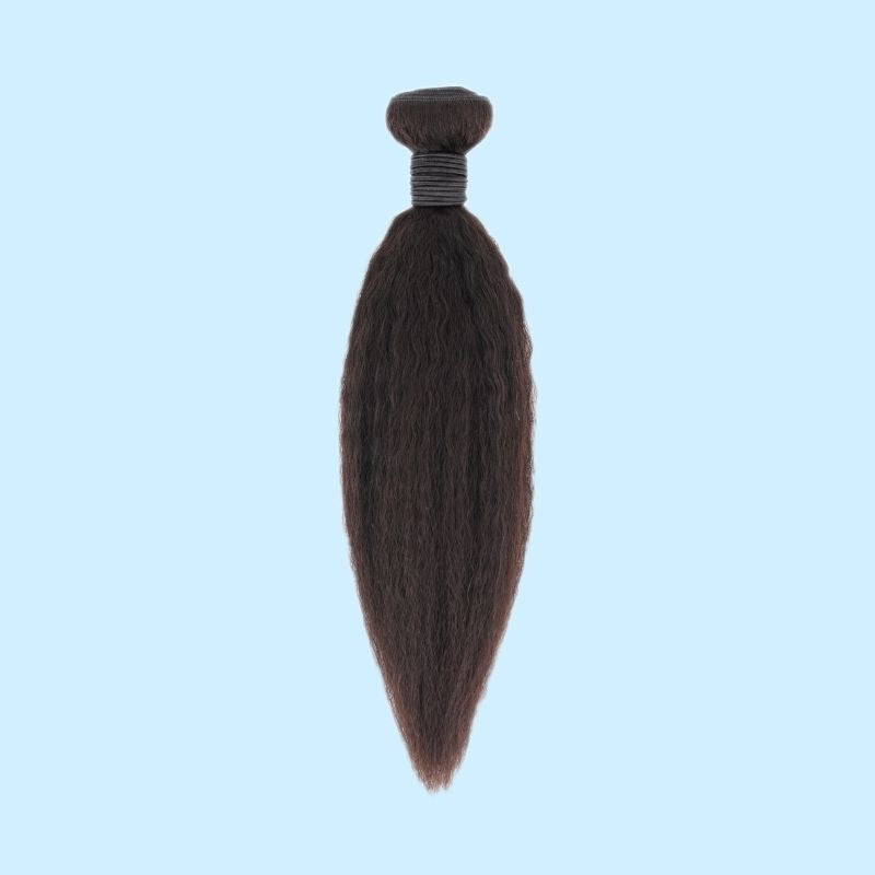 Single bundle of natural black kinky straight sew-in hair extensions centred on a pale blue backdrop with a thread wrapped weft at the top