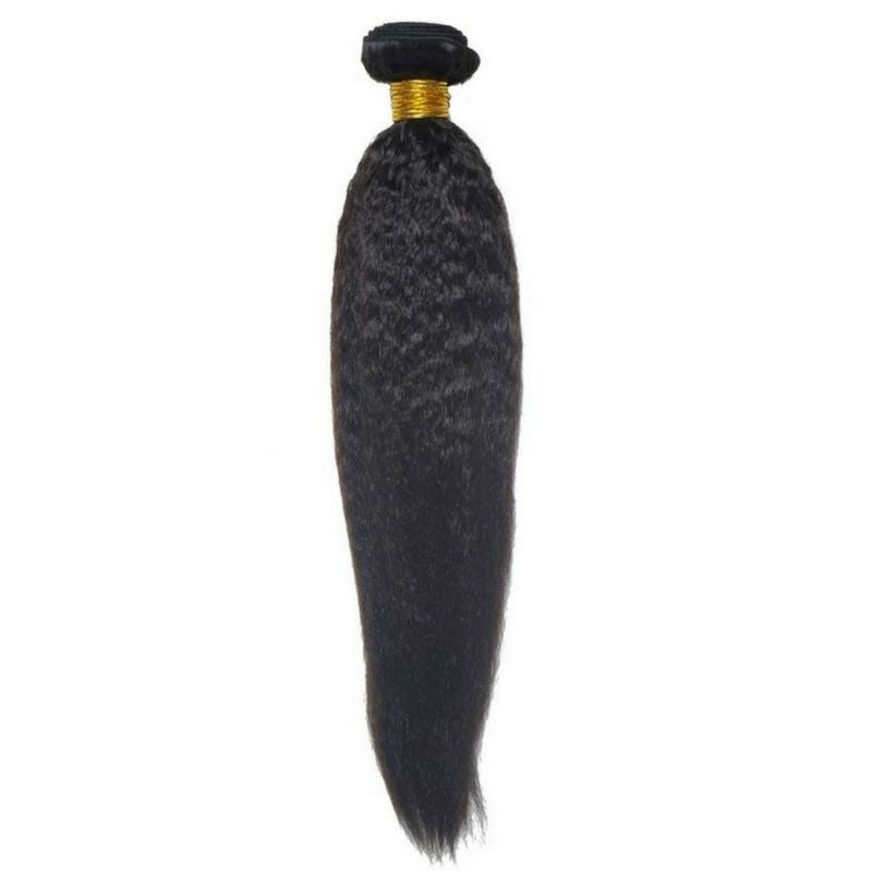 Single bundle of natural black kinky straight sew-in hair extensions hanging on a white background with gold thread wrapped around the weft