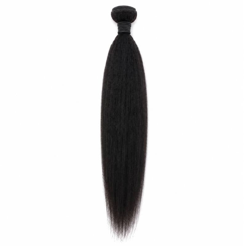 Single bundle of natural black kinky straight sew-in hair extensions hanging on a white background with a dark thread wrapped weft