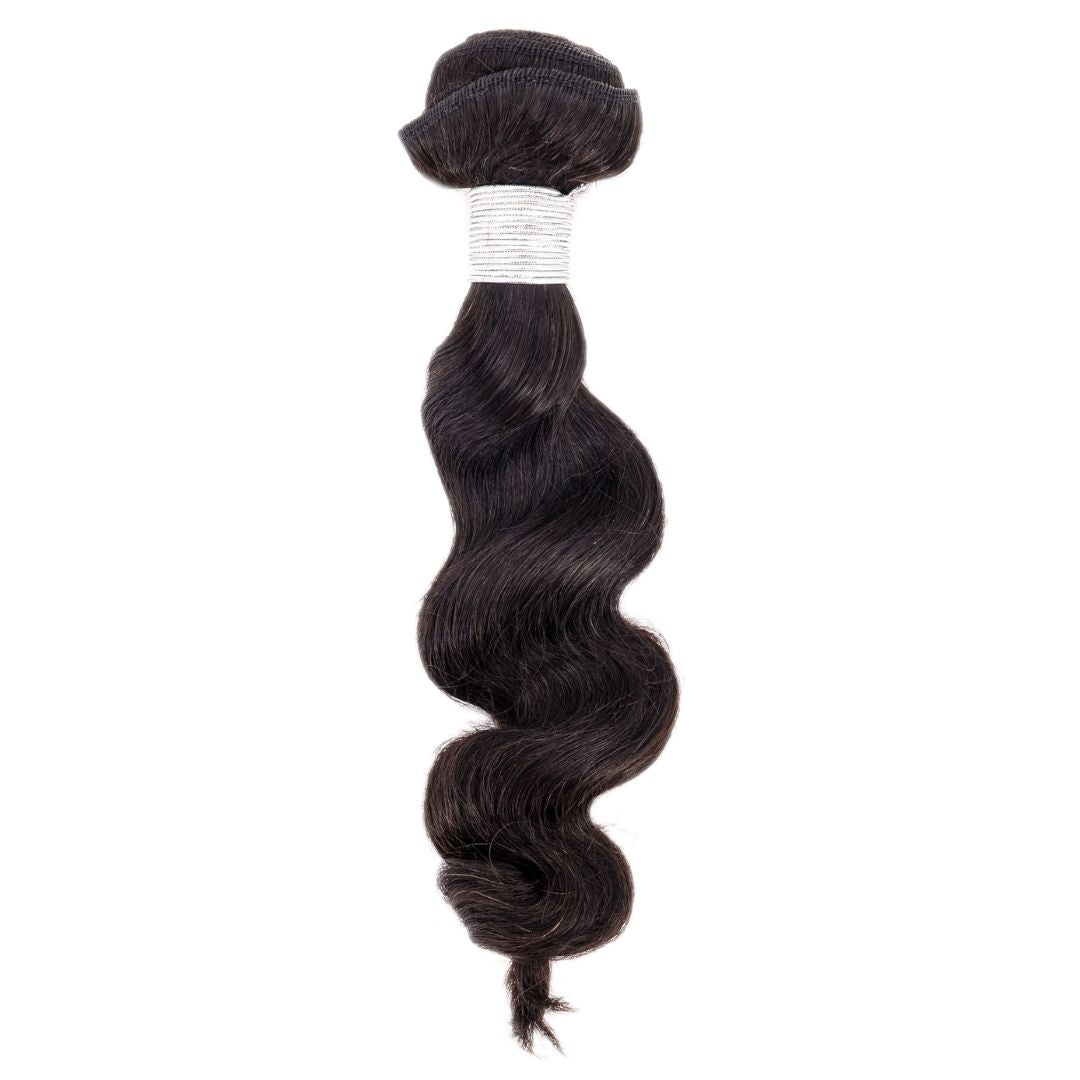 Sew In Hair Extensions - Brazilian Loose Wave - Natural Black (1B) - single bundle full length showing wave pattern