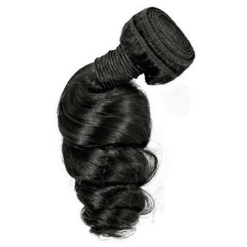 Single bundle of natural black loose wave sew-in hair extensions on a white background with the coiled weft turned toward the camera