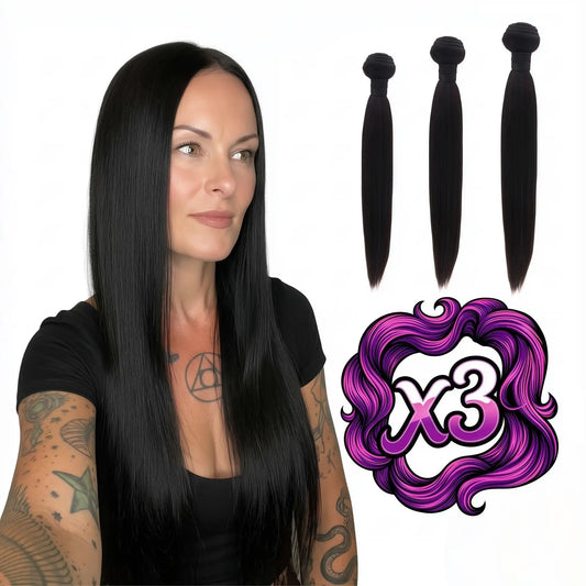Sew In Hair Extensions - Brazilian Silky Straight 3 Bundle Deal - Natural Black (1B) - model wearing with three bundles