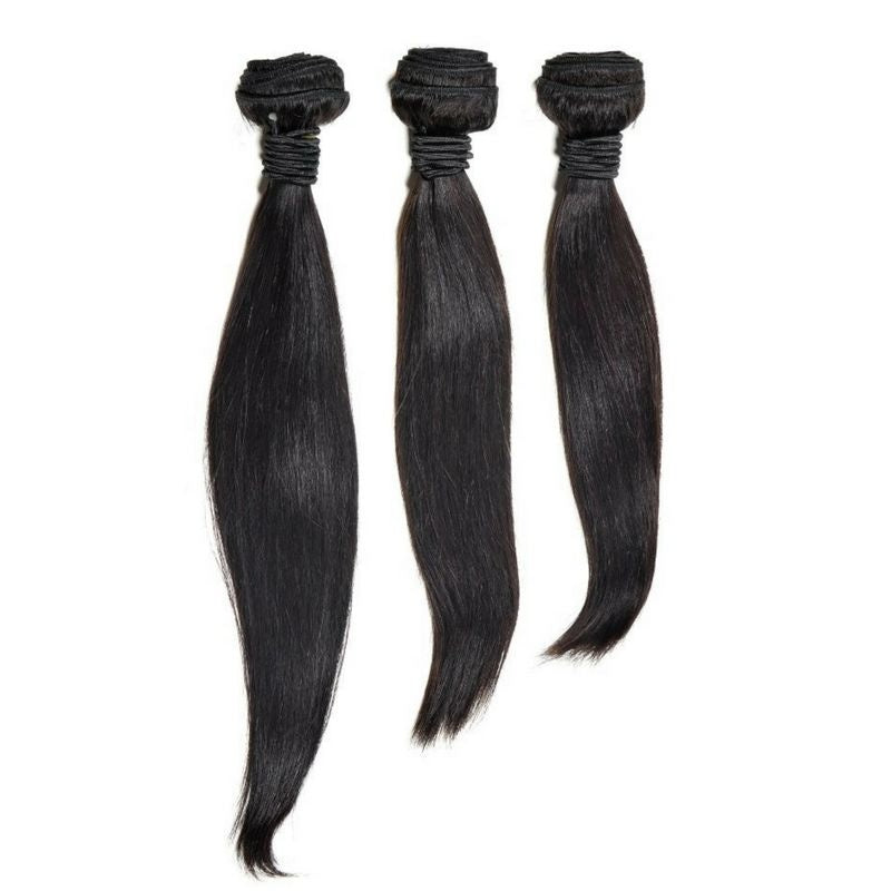 Three bundles of natural black silky straight sew-in hair extensions hanging in descending sizes on a white background with thread wrapped wefts