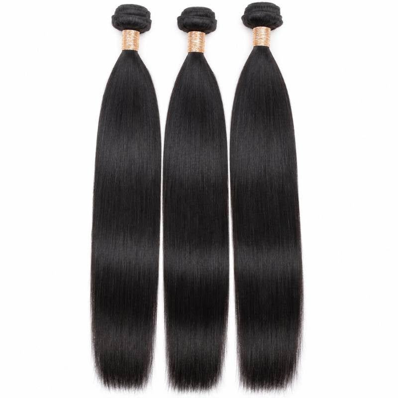 Three bundles of natural black straight sew-in hair extensions standing upright on a white background with gold thread wrapped wefts