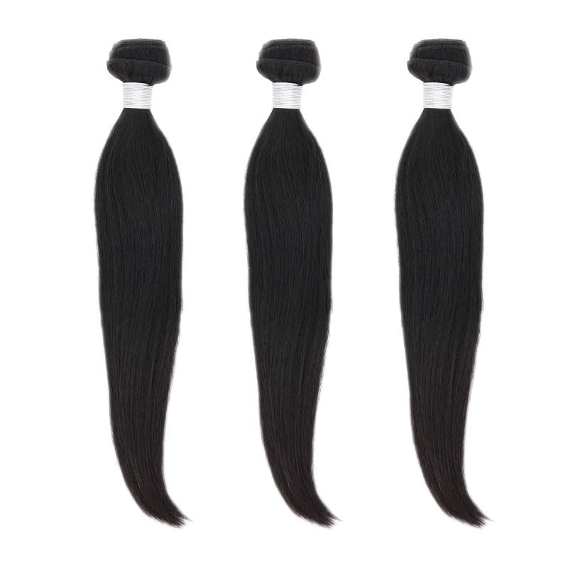 Three bundles of natural black straight sew-in hair extensions standing side by side on a white background with white wrap bands
